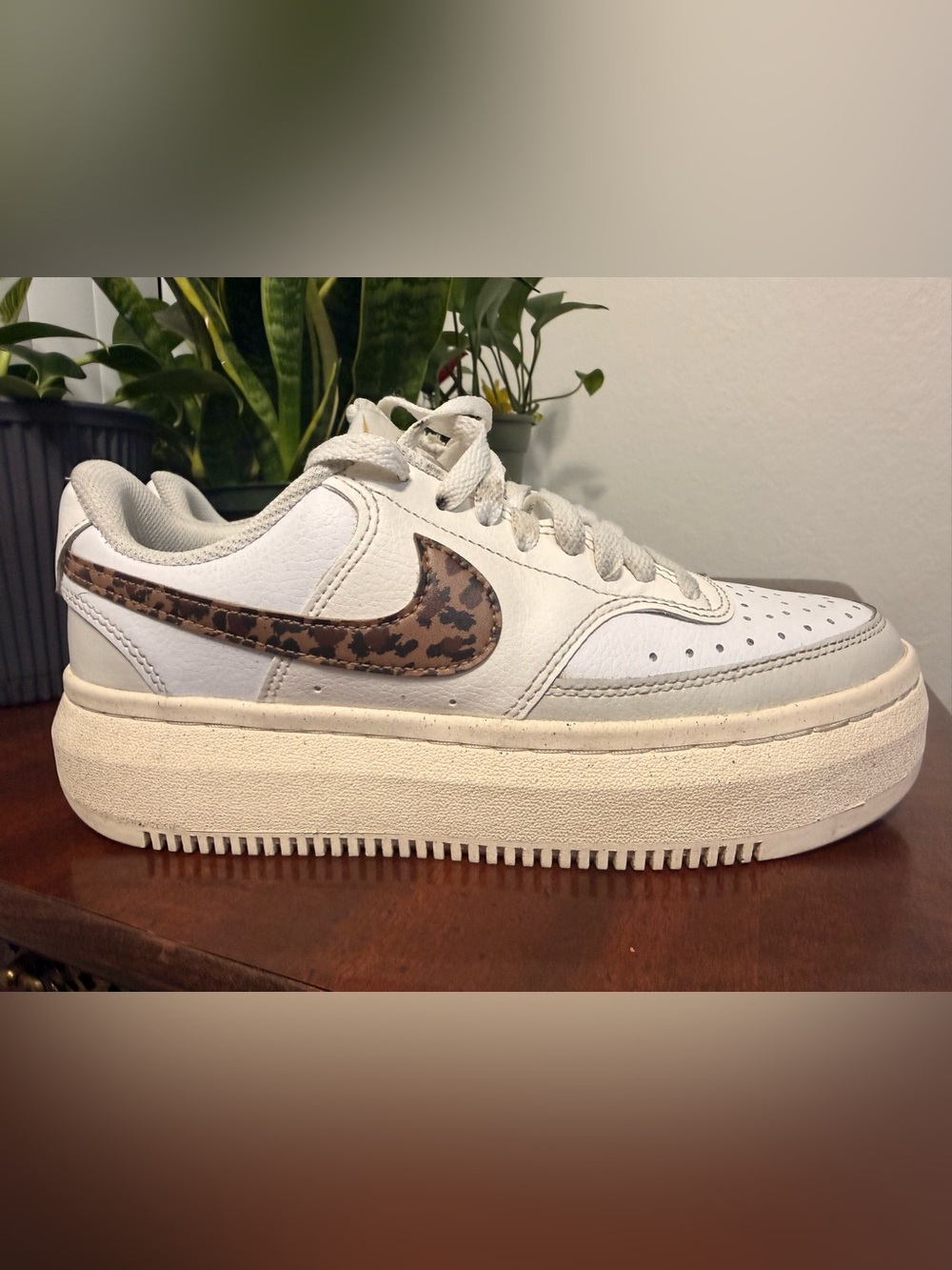 NIKE COURT VISION ALTA Women’s White Sneakers with Brown Leopard Swoosh